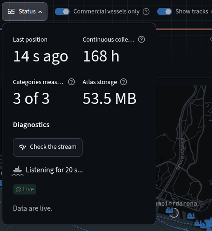 HarborWatch Status panel checking the live AIS stream